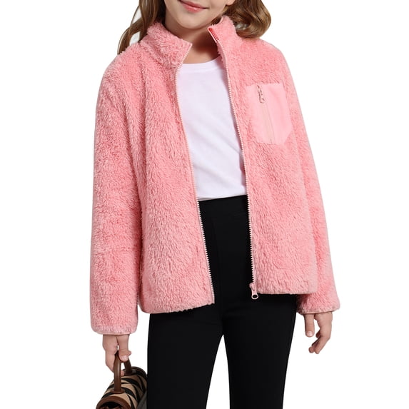 Usaibhir Girls Fleece Jacket Sherpa Fall Winter Full Zip Fuzzy Coat Outwear with Pockets 5-14T