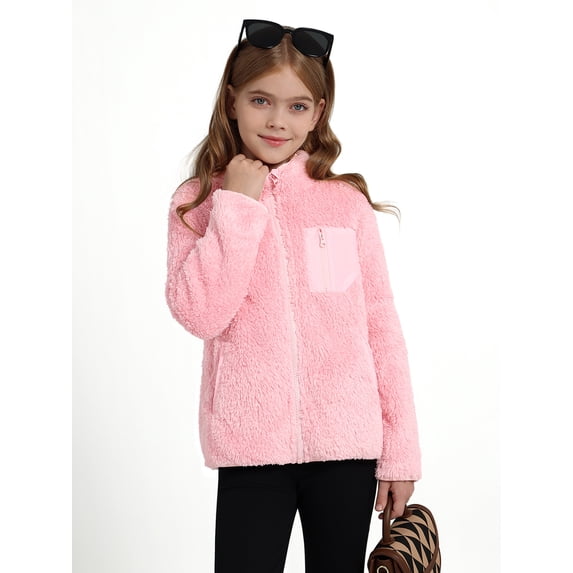 Usaibhir Girls Fleece Jacket Sherpa Fall Winter Full Zip Fuzzy Coat Outwear with Pockets 5-14T