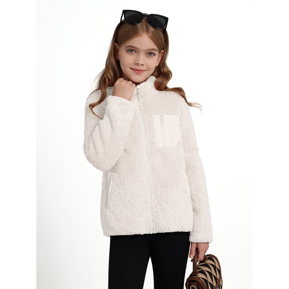 Usaibhir Girls Fleece Jacket Sherpa Fall Winter Full Zip Fuzzy Coat Outwear with Pockets 5-14T