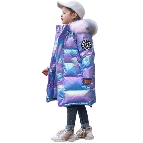 Usaibhir Girls Hooded Long Puffer Winter Coat, Shiny Iridescent Quilted Kids Jacket for Girls Ages 6-16