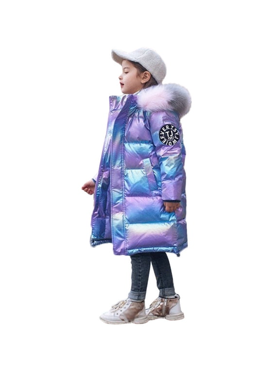 Girls Hooded Long Puffer Winter Coat, Shiny Iridescent Quilted Kids Jacket for Girls Ages 6-16