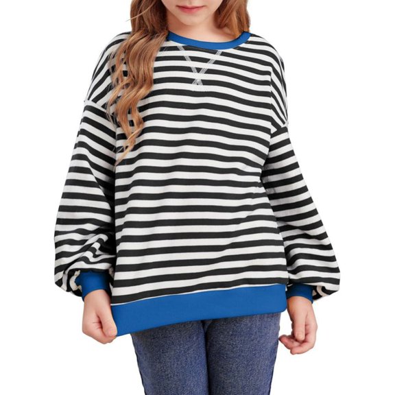 Usaibhir Girls Striped Crewneck Sweatshirt Kids Long Sleeve Oversized Fashion Loose Pullover Tops Fall Clothes for 11-12Y