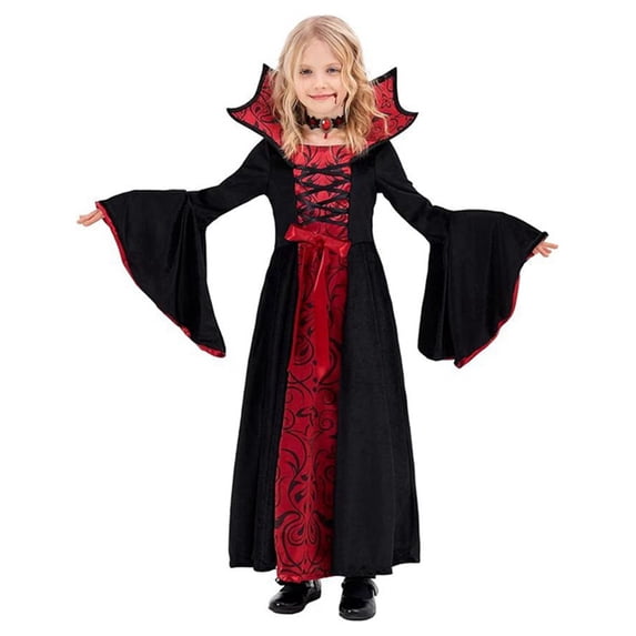 Usaibhir Girls Vampire Witch Halloween Costume, Kids Gothic Medieval Long Dress for Party Cosplay 6-12T