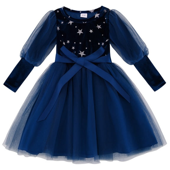 Usaibhir Girls Velvet Dress Flutter Long Sleeve Round Neck Tutu Shiny Midi Party Wedding Big Bowknot Tulle Clothes for Special Occasion 2-6T