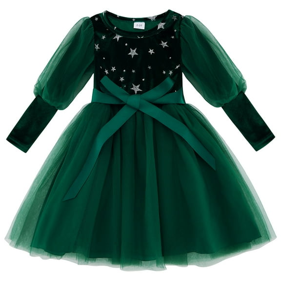 Usaibhir Girls Velvet Dress Flutter Long Sleeve Round Neck Tutu Shiny Midi Party Wedding Big Bowknot Tulle Clothes for Special Occasion 2-6T