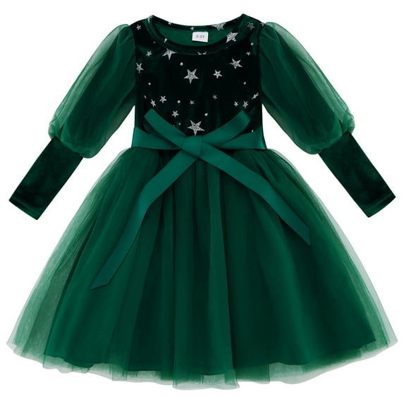 Usaibhir Girls Velvet Dress Flutter Long Sleeve Round Neck Tutu Shiny Midi Party Wedding Big Bowknot Tulle Clothes for Special Occasion 2-6T