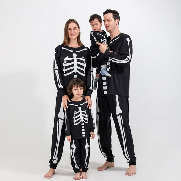 Usaibhir Halloween Matching Pajamas Set for Family Crewneck Long Sleeve Skeleton Print Pullover Jammies PJs Holiday Sleepwear Loungewear for Women/Men/Kids