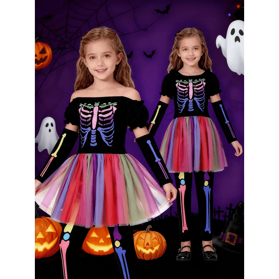 Usaibhir Little Girls Rainbow Skeleton Costume for Day of The Halloween Kids Girl Day Of The Dead Costume 4-8Y