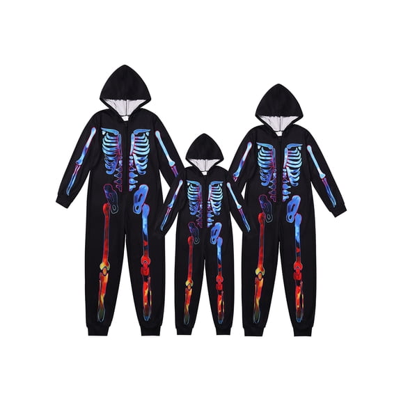 Usaibhir Matching Halloween Onesie Pajamas for Family, Halloween Onesie Adult Pajama Skeleton Printed Hooded Pjs One Piece Sleepwear