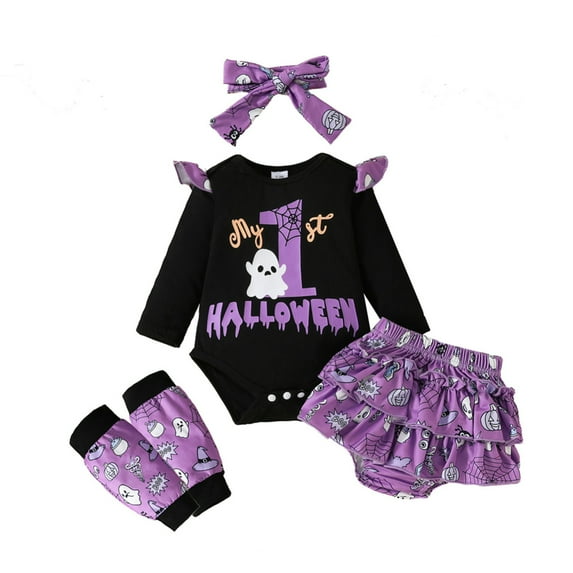 Usaibhir Newborn Baby Girls Halloween Clothes Outfits Infant 4pcs Bodysuit Romper Shorts Clothing Sets for 12-18M Black