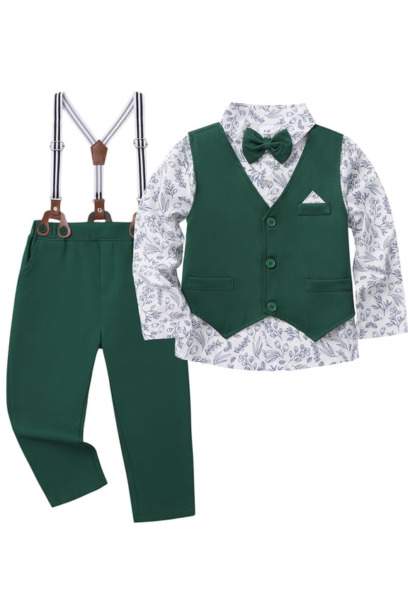 Toddler Baby Boy Clothes Suit Gentleman Wedding Outfits, Formal Dress Shirt+Bowtie+Vest+Suspender Pants 12M-5Y