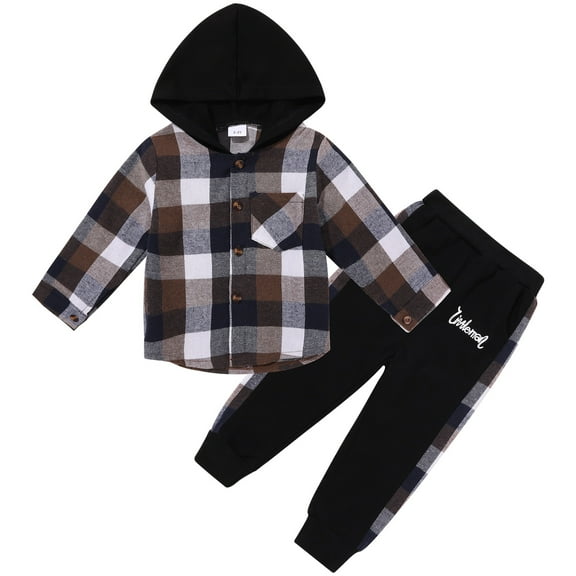 Usaibhir Toddler Baby Boys Clothes Flannel Lattice Button Down Long Sleeve Plaid Hooded Tops  Pants Boys Fall Winter Outfits 18M-6Y