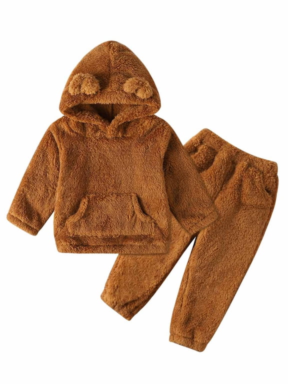 Toddler Baby Fleece Set Winter Pullover Tops Pants 2pcs Set,Toddler Bear Sweatshirt Fluffy Outfit 12M-5T
