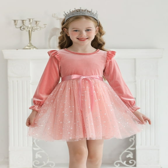 Usaibhir Toddler Baby Girls Christmas Princess Dress Outfits Kids Casual Long Sleeve Special Occasion Ruffle Dresses Mesh Tulle Sundress Tutu Skirt For Birthday Party Wedding Holiday 2-7Y