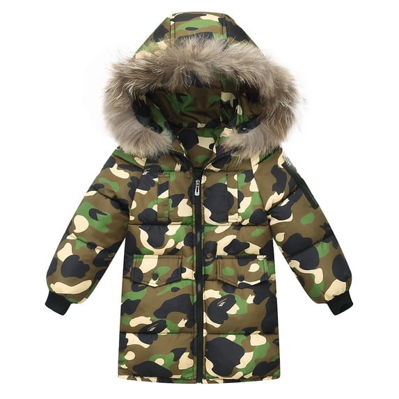 Usaibhir Toddler Boys Winter Warm Hooded Puffer Camouflage Color Coats Light Weight Padded Outerwear Long Jacket 2-9T