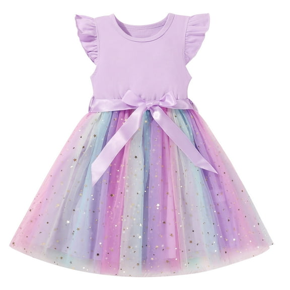 Usaibhir Toddler Girl Birthday Princess Dress Ruffle Sleeveless Sequin Dots Bow Tulle Dresses Tiered Pleated Twirly A-Line Sundress Size 2-7T