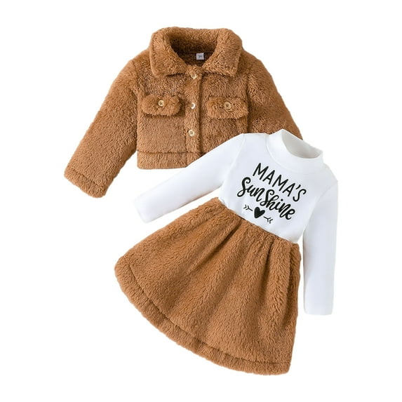Usaibhir Toddler Girls 2Pcs Clothes Long Sleeve Plush Coatand Long Sleeve Letter Print T-Shirt and Dresses Outfits Set 2-6T