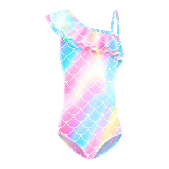 Usaibhir Toddler Girls One Piece Swimsuit Skirted Bathing Suits One Shoulder Ruffle Bathing Suit Adjustable Swimwear 5-12T