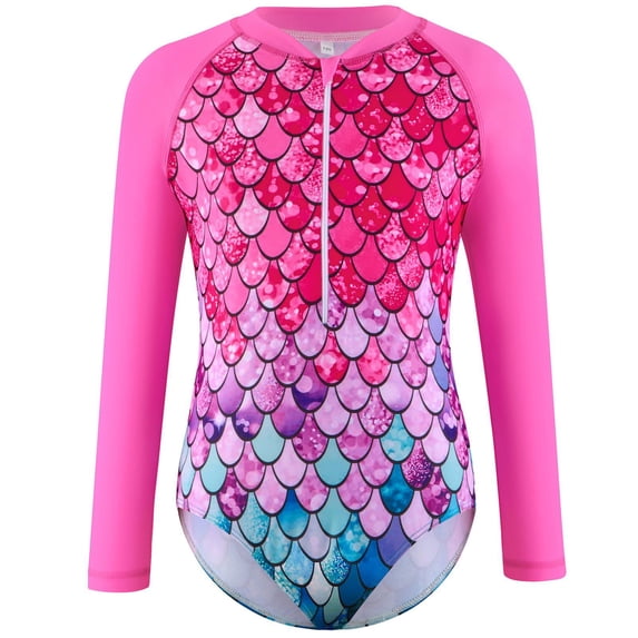 Usaibhir Toddler Girls Summer One Piece Long Sleeve Bathing Suits Rash Guard Front Zipper Swimsuits with UV Protection Sunsuit 4-12T