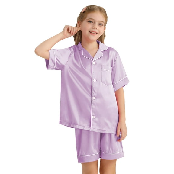 Usaibhir Unisex Satin Pajamas Set Girls Boys Button-Down Pjs Short Sleeve 2 Piece Sleepwear Kids Nightwear Teen Lounge Sets 4-14 Years