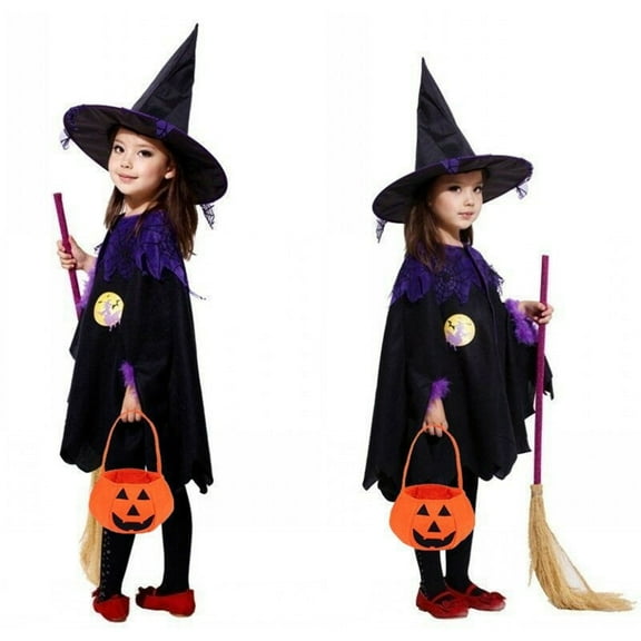 Usaibhir Witch Cloak Black Cloak Costume Kids Hooded Cloak Halloween Performance Costumes Spooky Trick or Treating Cosplay Poncho 2-15 Years