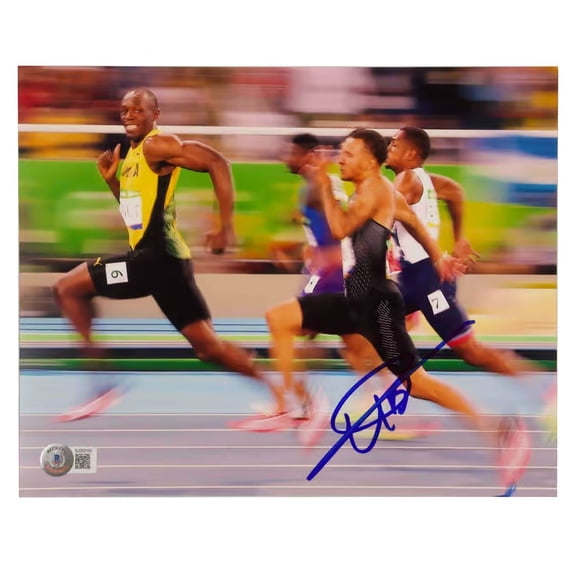 Usain Bolt Signed 100m Olympic Final Print Size 8 x 10 with Beckett COA