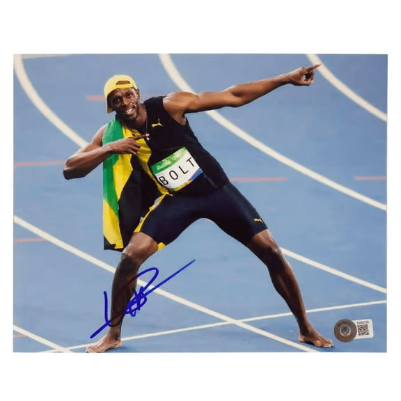 Usain Bolt Signed 100m Olympic Final Print Size 8 x 10 with Beckett COA