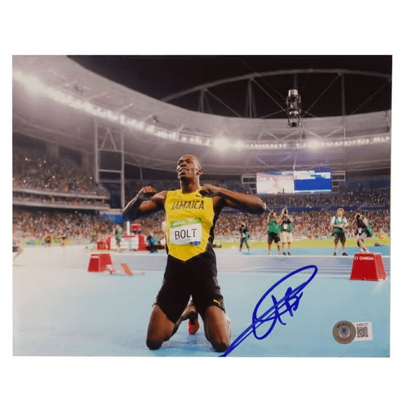 Usain Bolt Signed 100m Olympic Final Print Size 8 x 10 with Beckett COA