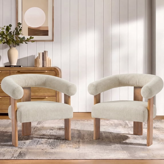 Usaint 25" Oversized Barrel Accent Chairs, Upholstered Chenille Chairs, Cozy Reading Chairs for Living Room, Bedroom & Apartment, Set of 2, Cream