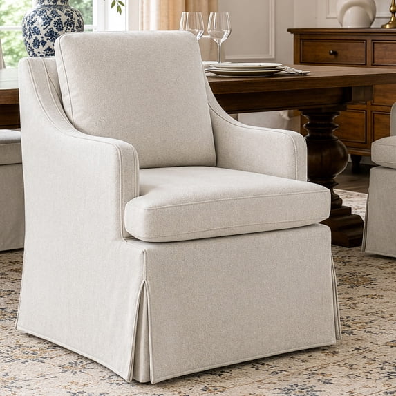 Usaint Barrel Dining Chair, Modern Farmhouse Linen Fabric Upholstered Slipcovered Kitchen Chairs with Arms, Solid Wood Accent Side Chair Single Sofa for Living Dining Reading, Cream