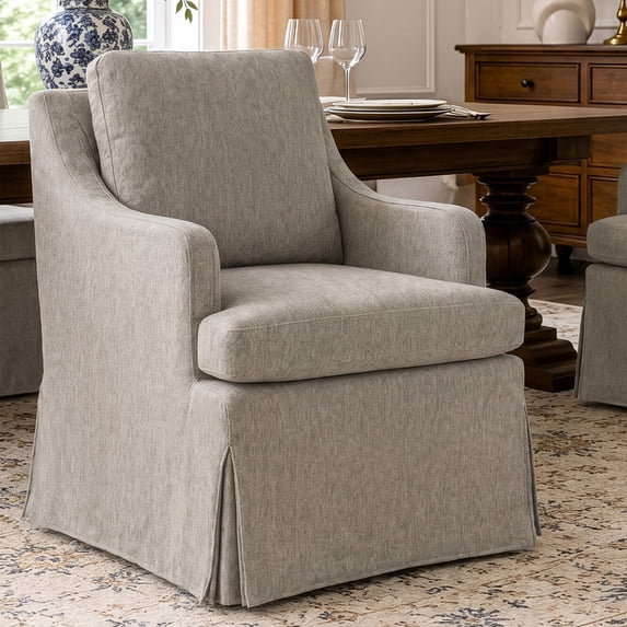 Usaint Barrel Dining Chair, Modern Farmhouse Linen Fabric Upholstered Slipcovered Kitchen Chairs with Arms, Solid Wood Accent Side Chair Single Sofa for Living Dining Reading, Brown