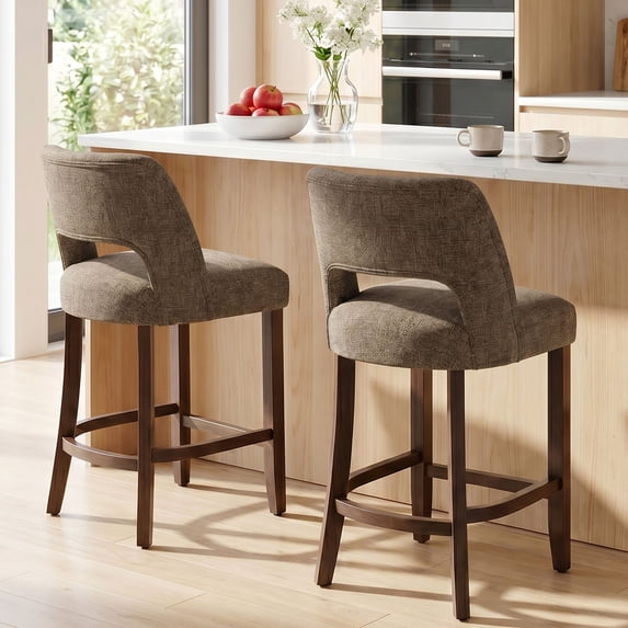 Usaint Chenille Bar Stools Set of 2, 26" Counter Height Barstools, Mid-Century Wooden Kitchen Island Chairs for Dining Room, Brown