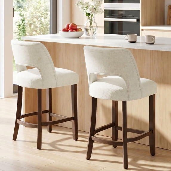 Usaint Chenille Bar Stools Set of 2, 26" Counter Height Barstools, Mid-Century Wooden Kitchen Island Chairs for Dining Room, Cream
