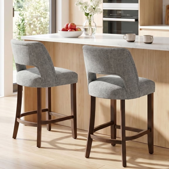 Usaint Chenille Bar Stools Set of 2, 26" Counter Height Barstools, Mid-Century Wooden Kitchen Island Chairs for Dining Room, Gray