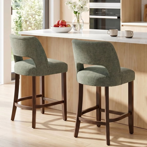 Usaint Chenille Bar Stools Set of 2, 26" Counter Height Barstools, Mid-Century Wooden Kitchen Island Chairs for Dining Room, Green