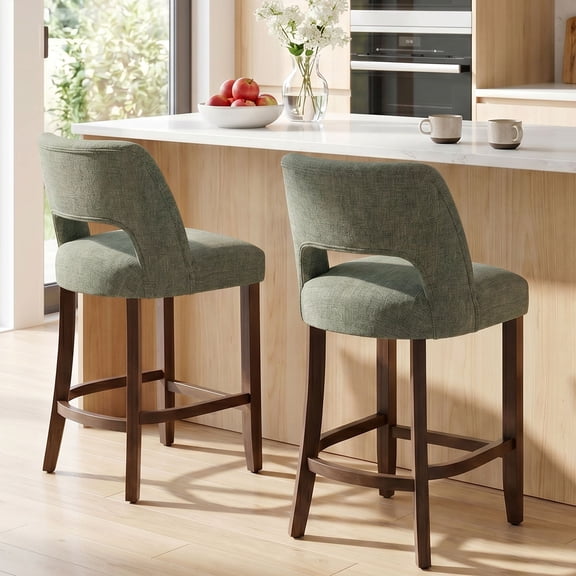 Usaint Chenille Bar Stools Set of 2, 26" Counter Height Barstools, Mid-Century Wooden Kitchen Island Chairs for Dining Room, Green