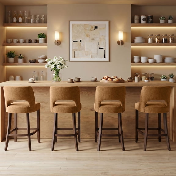 Usaint Chenille Bar Stools Set of 4, 26" Counter Height Barstools, Mid-Century Wooden Kitchen Island Chairs for Dining Room, Orange