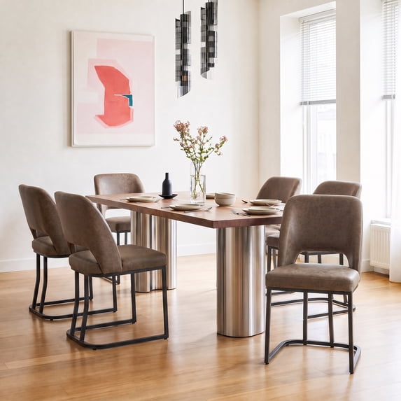 Usaint Modern Faux Leather Dining Chairs Set of 6 with Cutout Back and Metal Sled Base for Dining Room, Kitchen, Living Room,Dark Brown