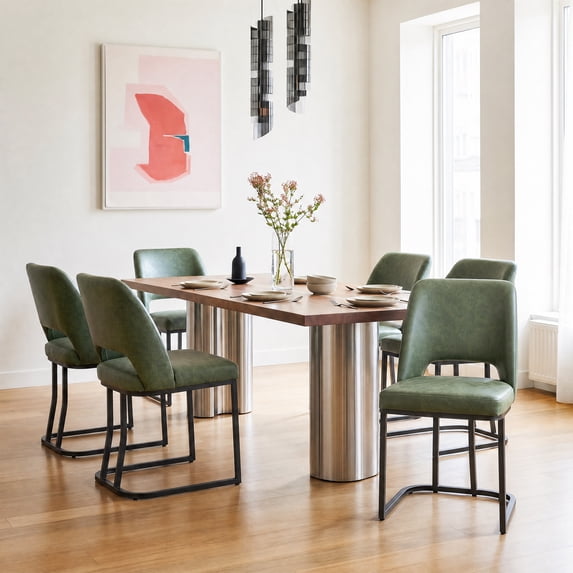 Usaint Modern Faux Leather Dining Chairs Set of 6 with Cutout Back and Metal Sled Base for Dining Room, Kitchen, Living Room,Green