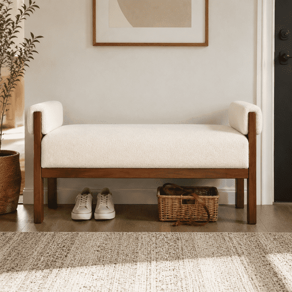 Usaint Soft Upholstered Chenille Ottoman Bench with Padded Armrests, Solid Wood Legs for Entryway, Bedroom End of Bed, Living Room, Beige
