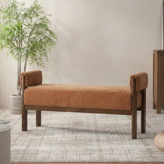 Usaint Soft Upholstered Chenille Ottoman Bench with Padded Armrests, Solid Wood Legs for Entryway, Bedroom End of Bed, Living Room, Orange