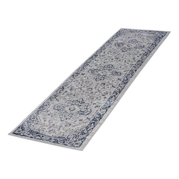 Usak Collection 2' x 8' Blue/Gray Oriental Distressed Non-Shedding Area Rug