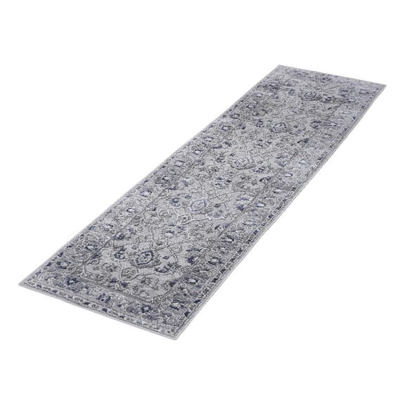 Usak Collection 2' x 8' Gray/Blue Oriental Distressed Non-Shedding Area Rug