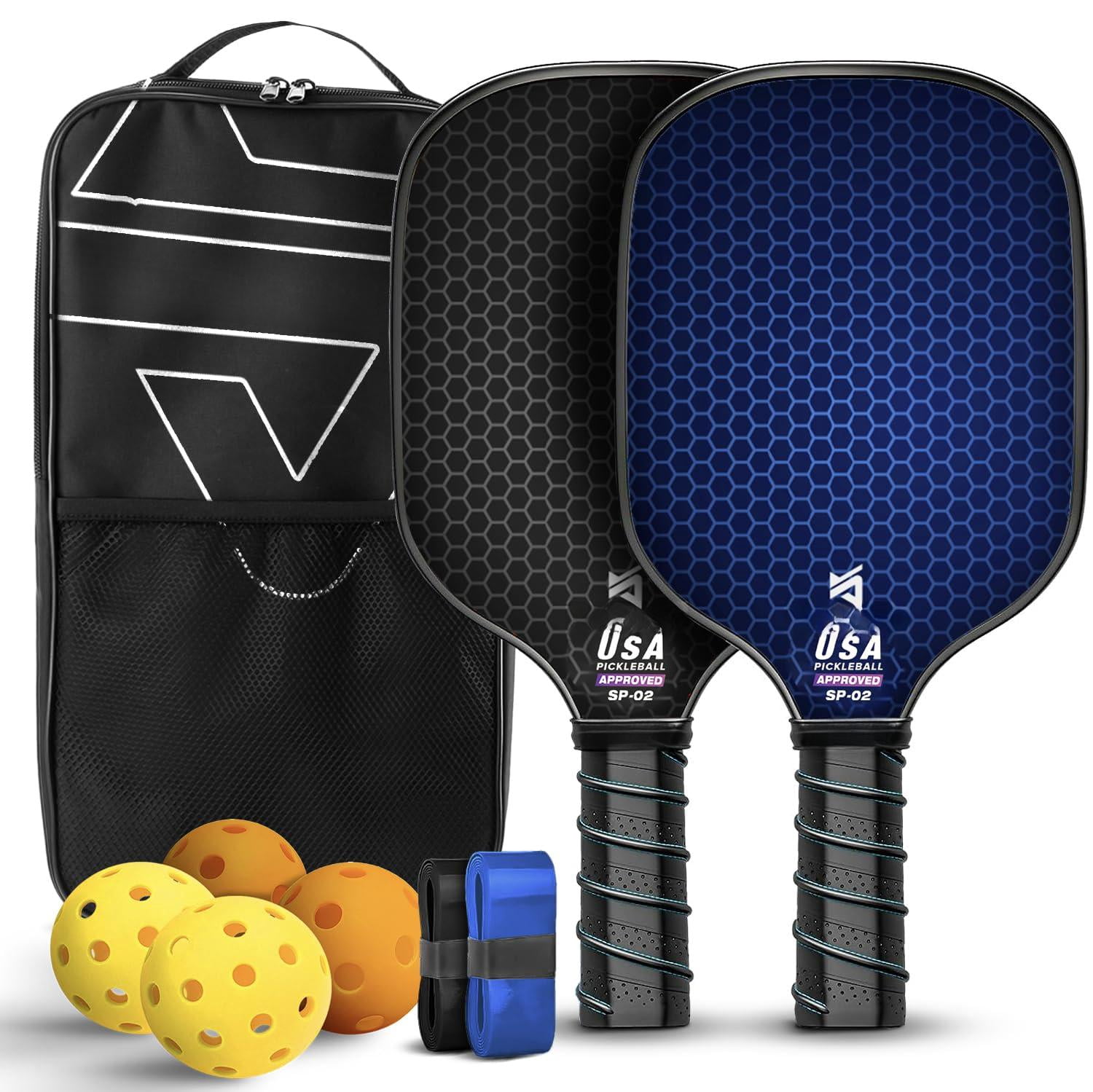 Usapa Approved Pickleball Paddle Set | Fiberglass Surface  With Balls Grip Tapes & Carry Bag Quiet Lightweight Rackets For Men Women Beginners