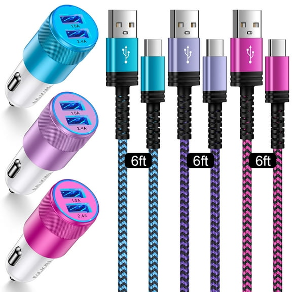 Usb C Car Charger Adapter,AILKIN 3PACK Type C Car Charger Fast Charging Car Adapter Dual Usb Car Charger for Android with 3PACK Usb Type C Charging Cable 6ft