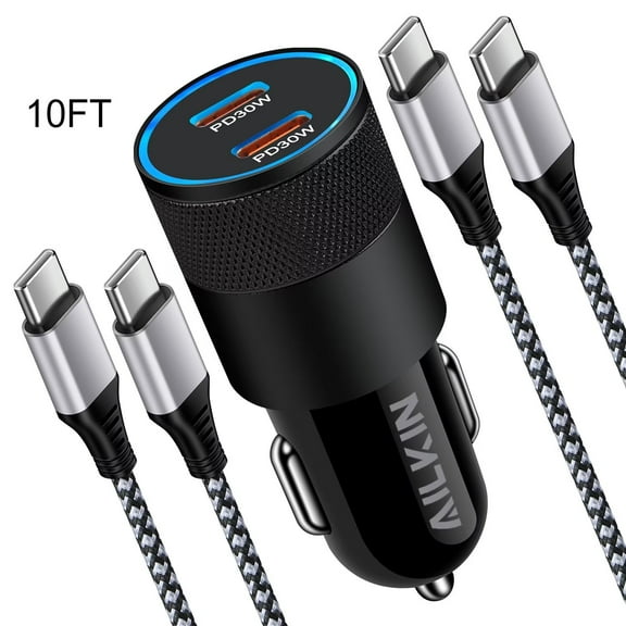 Usb C Car Charger Fast Charging,AILKIN PD 60W Dual Usb Car Charger Adapter for Android Type C Car Charger Cigarette Lighter Adapter Socket with 2PACK Type C Charging Cable 10ft,Blackwhite