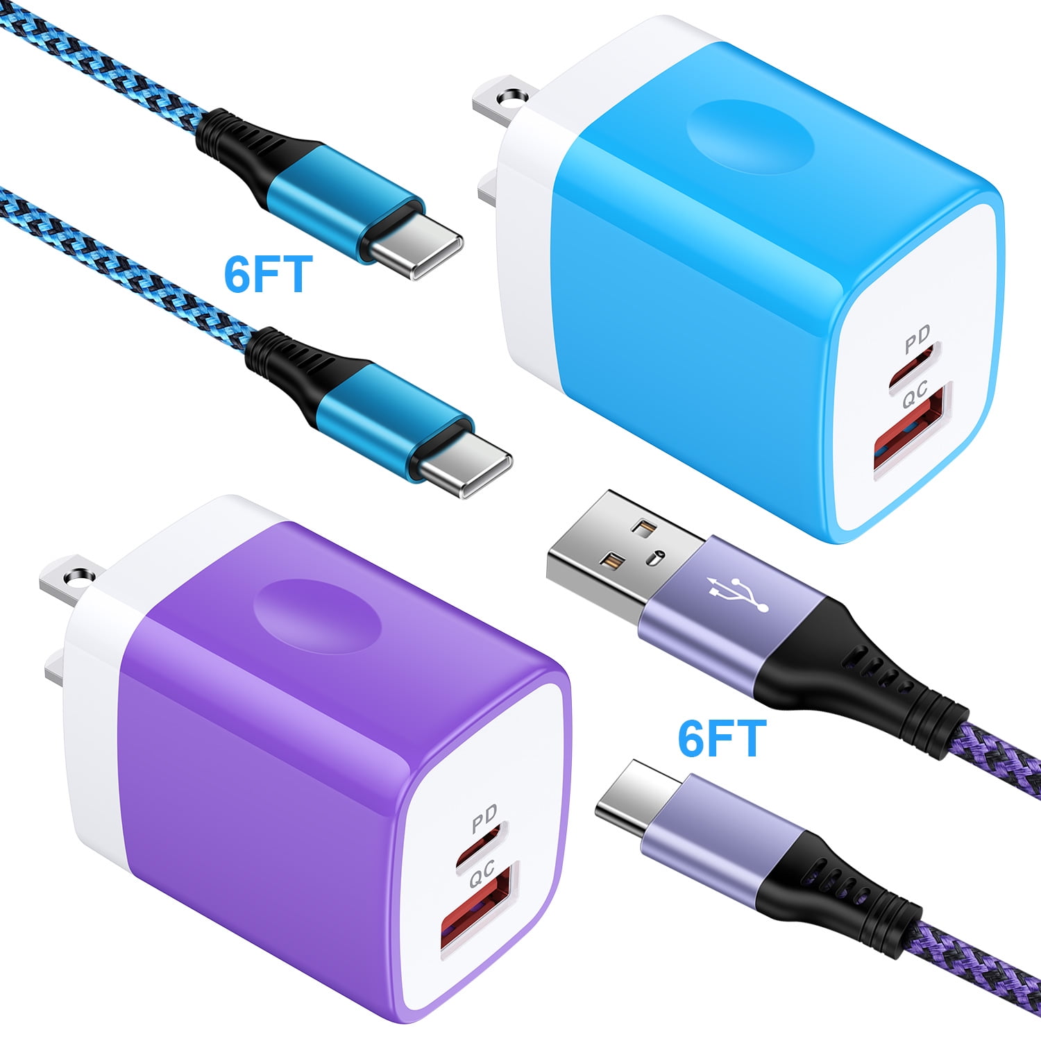 Usb C Fast Charger Block,HopePow 2PACK Type C Charger Fast Charging PD 20W QC3.0 Super Fast Android Phone Charger Block Usb C with 2PACK 6ft USB C Charger Cable for SamsungPurple+Blue