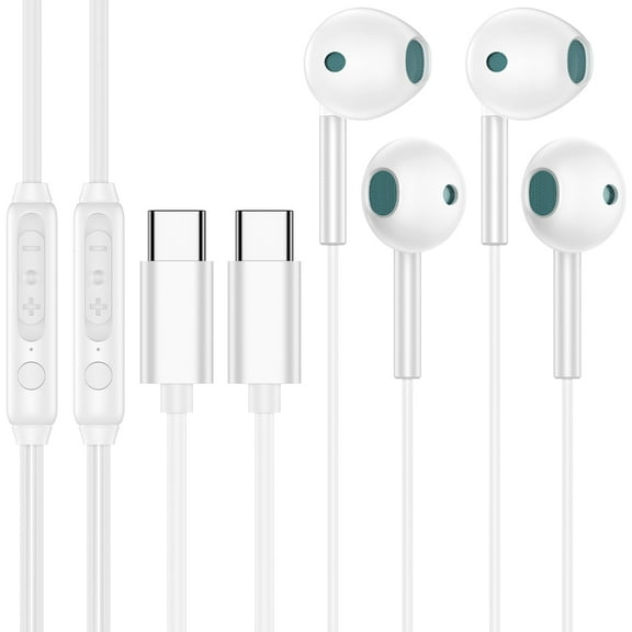 Usb C Headphones Wired,2PACK Type C Wired Earphones in-Ear with Mic Microphone Noise Canceling Volume Control for iPhone 15 Headphones Wired Earbuds Type C Headphone for Android,iPad,White