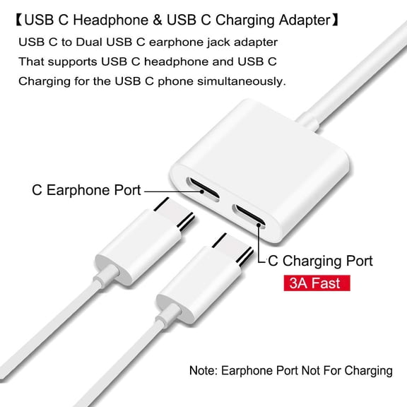 Usb C Splitter, Iphone 15 Aux Adapter, 1-in-2 Out with USB C Aux Jack and PD Fast Charging Port for iPhone 15 Pro Max Plus,iPad Pro,Galaxy/Note, Pixel and Type-C Devices, White