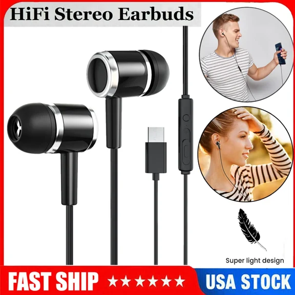 Usb C Type C Earphones Wired Earbuds Hifi Stereo Noise Canceling In-Ear Headset